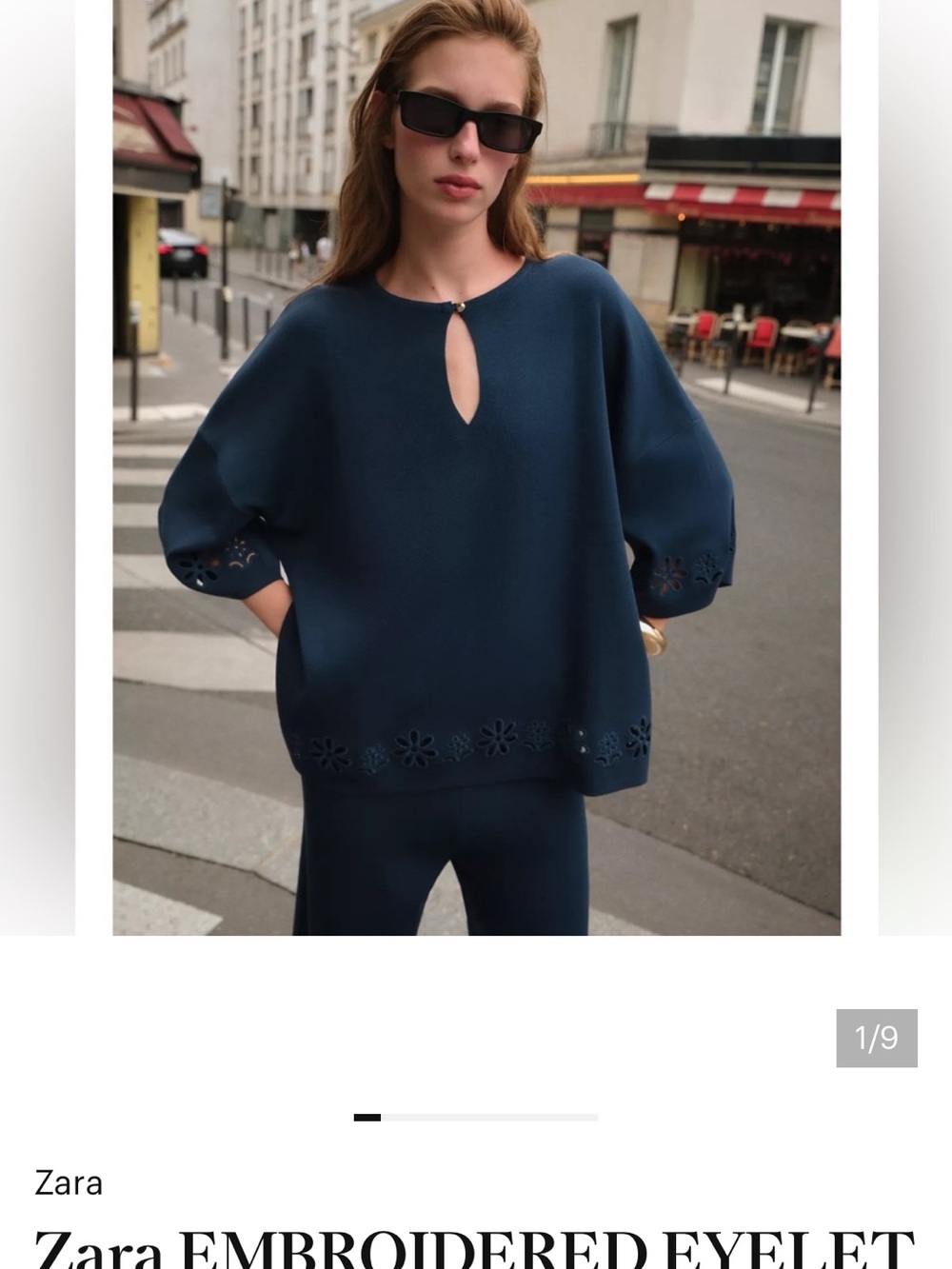 Zara Navy Embroidered Eyelet Keyhole Sweatshirt